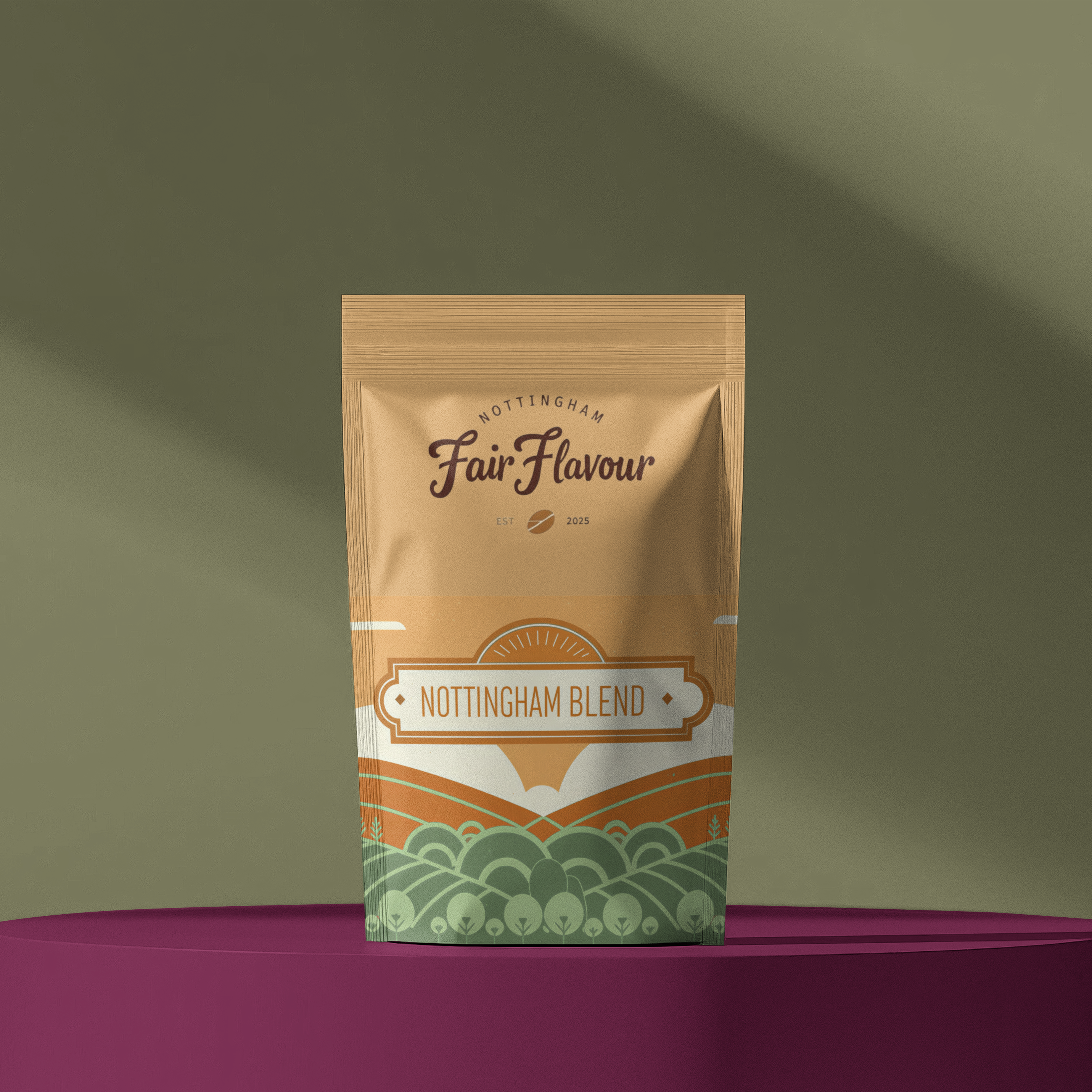 White coffee packaging labeled 'Fair Flavour' on a yellow platform with a green background