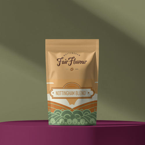 White coffee packaging labeled 'Fair Flavour' on a yellow platform with a green background